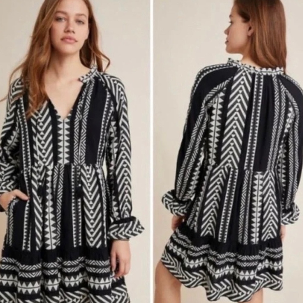 Maeve Anthropologie Women's Black/White Jacquard Dominique Tunic Dress Size XS